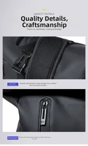 Détails des bretelles en mesh respirant et zips métalliques sur le sac à dos de voyage