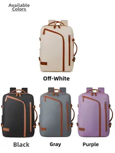 Detail view of laptop backpack in four colors: cream, black, grey and purple
