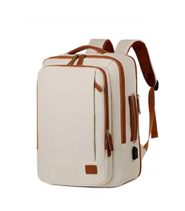 Side view of off-white travel backpack with USB port and leather trim detail