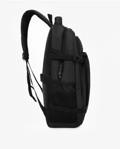 Side view of black business backpack showing waterproof fabric and mesh pocket detail