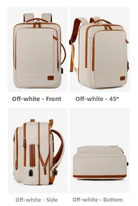 Detailed views of cream canvas travel backpack from front, side, and bottom angles