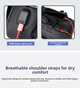 Detail of expandable laptop backpack with external USB charging port and data cable