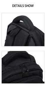 Detail of durable black nylon backpack featuring breathable mesh handle and metal dual zippers