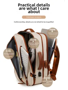 Detail view of multi-compartment travel backpack showing laptop and clothing storage areas