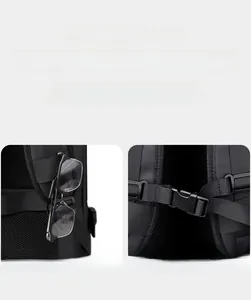 Detail of backpack shoulder straps with sunglasses hook and chest buckle strap