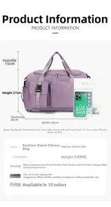 Grande borsa da viaggio viola 45x27x26cm con scomparto scarpe e peso leggero di 0,63 kg