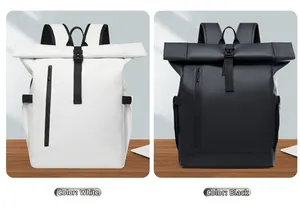 Sacs à dos d'affaires imperméables à fermeture roll-top en noir et blanc avec zips