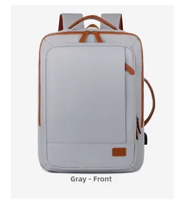 Front view of grey large capacity travel laptop backpack with brown leather accents
