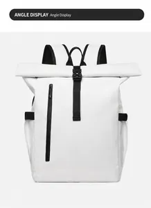 Vue de face sac à dos d'affaires blanc roll-top imperméable avec boucle et fermeture éclair
