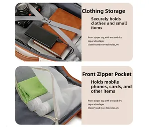Detail view of travel backpack with wet-dry separation and clothing storage compartments