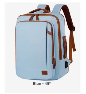 Blue large capacity travel backpack with USB port and breathable mesh straps shown at 45-degree angle