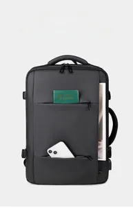 Detail view of water-resistant black business backpack with multi-layer zipper storage pockets