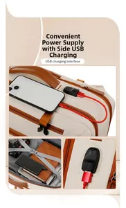 Detailed close-up of side USB charging interface and durable beige canvas texture