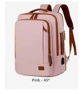 Pink large capacity travel backpack with 45-degree side view and USB charging port