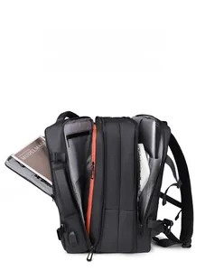 Detail view of large capacity waterproof backpack with multi-layer storage and USB port