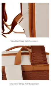 Detail of reinforced bartack stitching and breathable mesh on the beige sports backpack