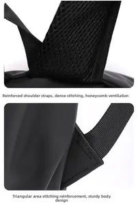 Detail of reinforced shoulder straps with honeycomb mesh and heavy-duty stitching