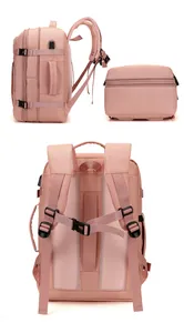Detalle de mochila rosa con puerto USB y panel trasero de malla transpirable suave
