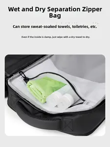 Detail of expandable travel backpack with dry-wet separation and mesh pockets