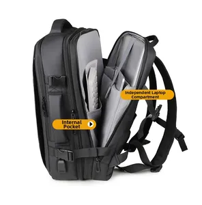 Detail of expandable laptop backpack showing inner patch pocket and computer compartment