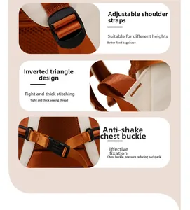 Detail of adjustable straps, reinforced stitching and chest buckle on travel backpack