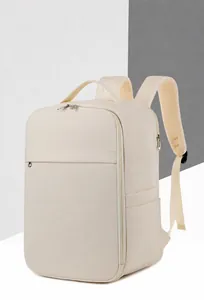 Detail view of large capacity cream business laptop backpack with matte finish and wide straps