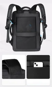 Macro view of breathable honeycomb mesh back and hidden anti-theft pocket on black backpack