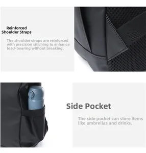 Détail des bretelles renforcées et de la poche latérale pour bouteille sur sac à dos noir