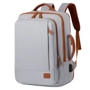 Light grey large capacity travel backpack with USB port and brown leather details