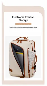 Detail of the multi-compartment laptop backpack showing front pocket for tablet and keyboard