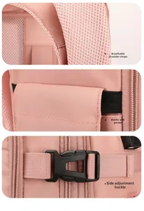 Detalle de mochila rosa con correas transpirables, bolsillo lateral elástico y hebilla