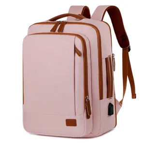 Pink large capacity travel backpack with USB port and ergonomic breathable straps