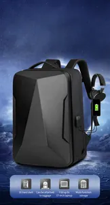 Detail of 17 inch gaming laptop backpack with TSA lock and 3D hard shell geometry