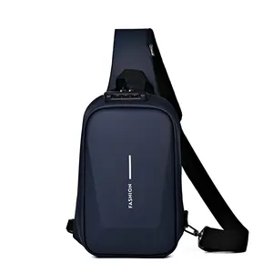 Waterproof anti-theft sling bag with combination lock and adjustable strap in navy blue