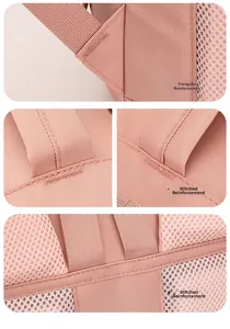 Detalle de la mochila rosa que muestra costuras reforzadas y acolchado de malla transpirable