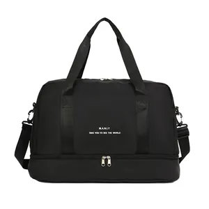 Bolso de viaje negro de gran capacidad con compartimento inferior y tejido de nailon impermeable