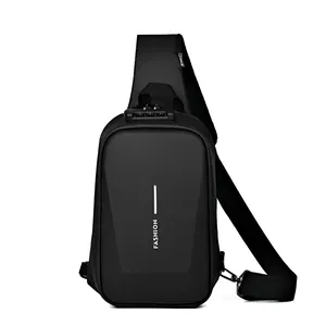 Hardshell anti-theft chest bag for men with digital combination lock in black