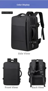 Detail of waterproof black Oxford fabric backpack with external USB charging port