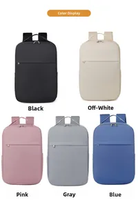 Five minimalist backpacks in black, off-white, pink, grey and blue on a white background