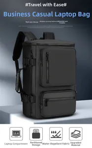 Detail of multi-functional black business travel backpack with 15.6 inch laptop compartment