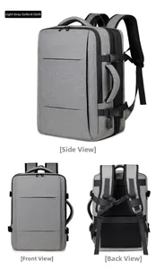 Macro detail of grey Oxford cloth waterproof travel backpack with side USB charging port