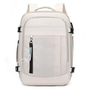 Mochila de viaje de gran capacidad impermeable blanco crema con hebillas laterales