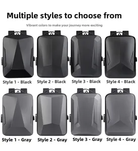 Detail view of hard shell laptop backpack in black and gray with geometric panel designs