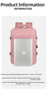 Sac à dos voyage rose imperméable avec détails des dimensions et compartiment ordinateur