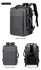 Three-way view of dark grey Oxford cloth travel backpack showing front, back, and side profile