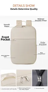 Close-up of water-resistant fabric and dual zipper detail on the beige laptop backpack