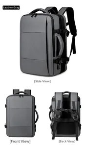 Front, back and side views of expandable waterproof 17-inch travel backpack in grey