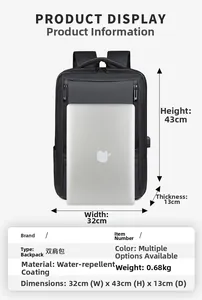 Detailed view of the 32x43x13cm waterproof black business backpack with size specifications