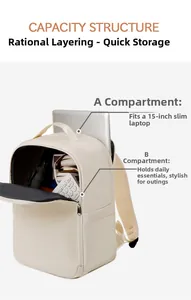 Internal view of a cream business backpack showing compartments for 15-inch laptop and gear