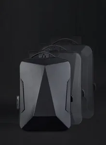 Macro view of geometric hardshell gaming backpack with integrated TSA combination lock